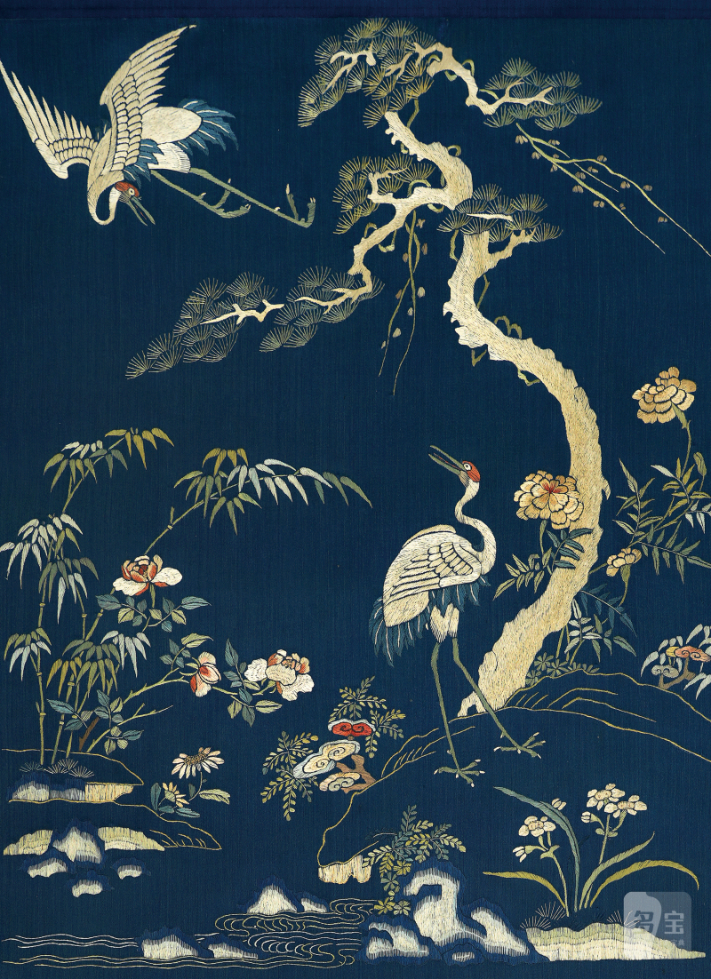 清中期苏绣松鹤益寿椅披一对 - 图2